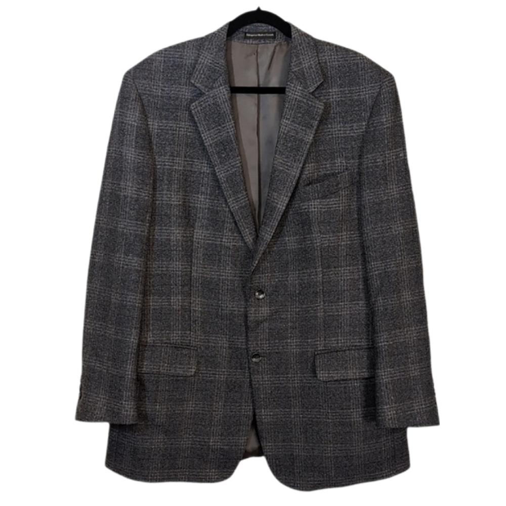 Hyde Park Moores Virgin Wool Blazer Jacket Grey Blue Glen Plaid Mens Size 44L